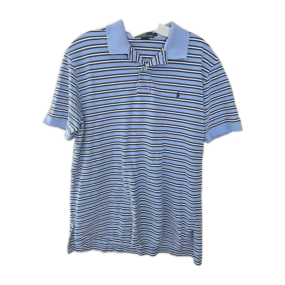 Polo Ralph‎ Lauren Blue Striped Short Sleeve Preppy Polo Shirt Men's Size Large